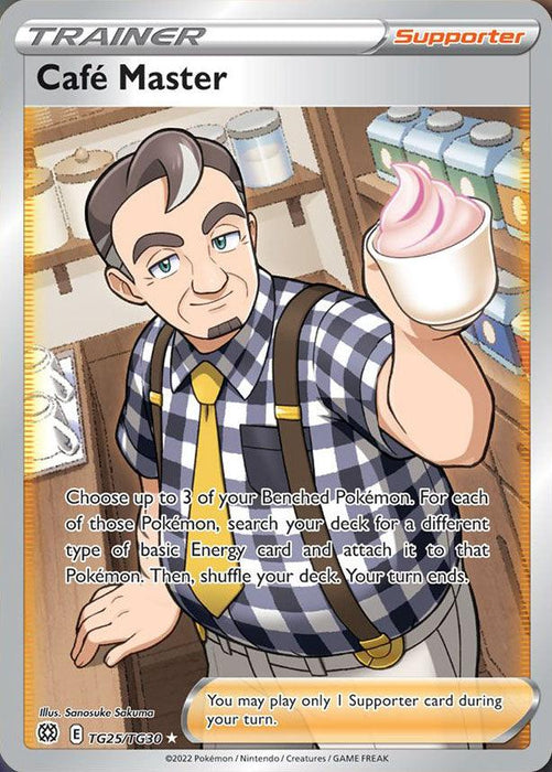 A Pokémon Trainer card titled "Café Master (TG25/TG30) [Sword & Shield: Brilliant Stars]" from the Pokémon set features an older man with gray hair, a mustache, and blue eyes. He wears a white shirt, black-and-white checkered apron, and brown suspenders, holding a cup with pink whipped cream. Text describes the card's effect and gameplay rules.