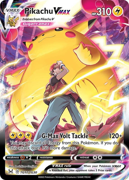 A Pokémon trading card from the Sword & Shield: Lost Origin series featuring Pikachu VMAX (TG17/TG30) with 310 HP, evolving from Pikachu V. Decorated in vibrant colors, it showcases Pikachu in Gigantamax form. This Secret Rare card includes the attack "G-Max Volt Tackle," dealing 120+ damage, with the trainer standing below Pikachu.