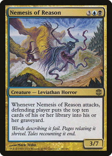 The image features a Magic: The Gathering card titled "Nemesis of Reason [Alara Reborn]" from Magic: The Gathering. It shows a large, monstrous Leviathan Horror with multiple limbs and a gaping maw in a nightmarish landscape. The 3/7 creature, illustrated by Mark Tedin, mills ten cards from the opponent's library whenever it attacks.