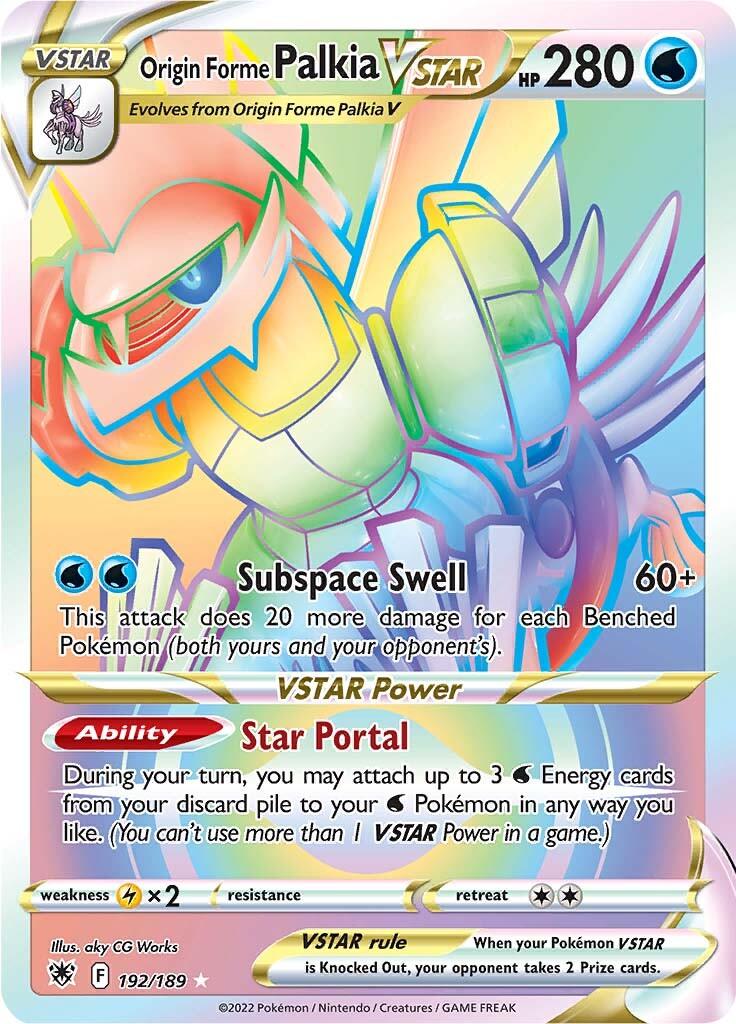 A Pokémon card featuring **Origin Forme Palkia VSTAR (192/189) [Sword & Shield: Astral Radiance]** with 280 HP from the Pokémon series. This Secret Rare, number 192/189, boasts a holographic design and presents Palkia in a dynamic pose. It details the Water Type 