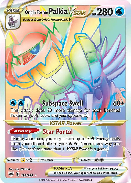 A Pokémon card featuring **Origin Forme Palkia VSTAR (192/189) [Sword & Shield: Astral Radiance]** with 280 HP from the Pokémon series. This Secret Rare, number 192/189, boasts a holographic design and presents Palkia in a dynamic pose. It details the Water Type "Subspace Swell" attack and "Star Portal" VSTAR power along with weakness, resistance, and retreat.
