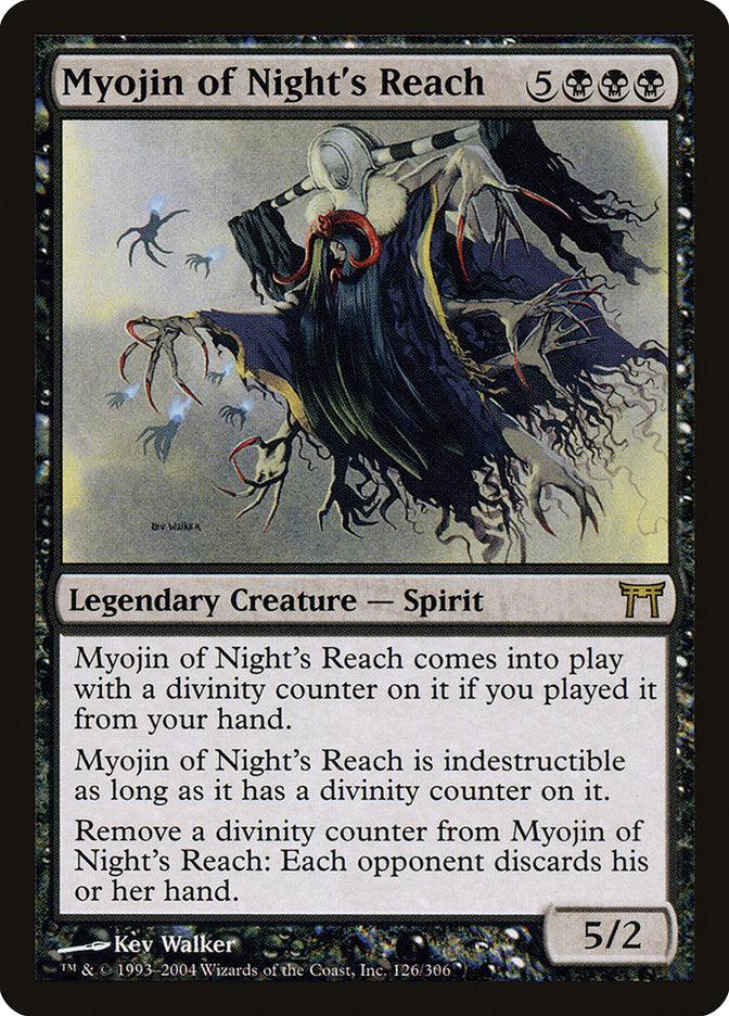 A Magic: The Gathering card titled Myojin of Night's Reach [Champions of Kamigawa]. The card depicts a spectral figure with skeletal hands and flowing dark robes. This legendary creature's abilities use divinity counters for indestructibility and force opponents to discard hands, illustrated by Kev Walker.