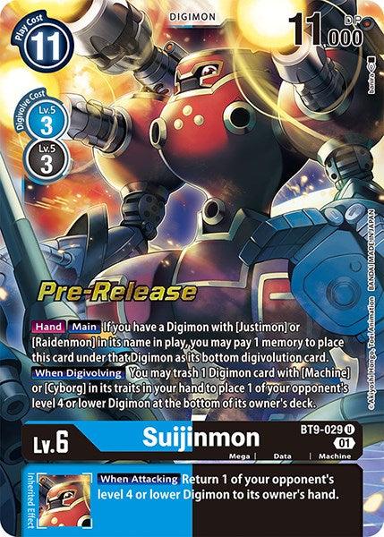 The Digimon card "Suijinmon [BT9-029] [X Record Pre-Release Promos]" features a predominantly blue border with a metallic Digimon character illustrated at the center, encased in robotic armor. It has a cost of 11 DP, boasts 11,000 DP power, and is level 6. The card text details its abilities and has "Pre-Release" marked at the top left, highlighting its potential to digivolve like Justimon.