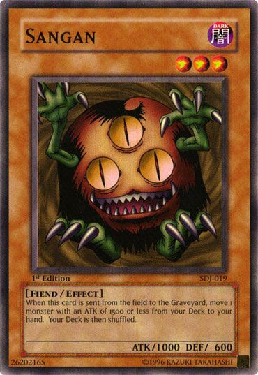 The card "Sangan [SDJ-019] Common" from the "Yu-Gi-Oh!" Starter Deck: Joey depicts a round, hairy creature with three eyes, two claws, and a wide mouth. This 1st Edition Common Fiend/Effect monster has 1000 attack and 600 defense, featuring artwork by Kazuki Takahashi.