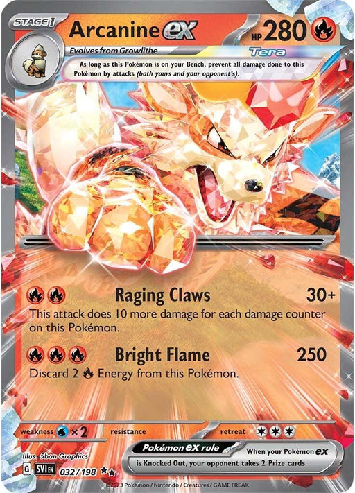 A Pokémon card from the Scarlet & Violet series featuring Arcanine ex (032/198) [Scarlet & Violet: Base Set] with 280 HP, evolving from Growlithe and depicted in an aggressive, action-filled pose. This Fire type Double Rare card has two moves: "Raging Claws" dealing 30+ damage, increasing with damage counters on Arcanine, and "Bright Flame" dealing 250 damage but requiring discarding 2.