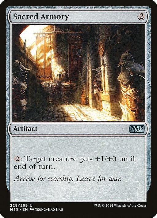 A Magic: The Gathering product titled "Sacred Armory [Magic 2015]" from the Magic: The Gathering brand. It shows a grand armory with illuminated suits of armor. The product's text reads: "Sacred Armory (2). Artifact, Uncommon. (2): Target creature gets +1/+0 until end of turn. Arrive for worship. Leave for war.