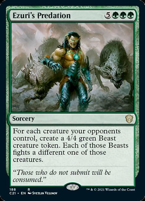 Magic: The Gathering card titled "Ezuri's Predation [Commander 2021]." The card illustration depicts a muscular figure with long dark hair flanked by two green Phyrexian Beasts. The card has a green border and costs 5 green mana and 3 generic mana to cast. It is a rare sorcery from Magic: The Gathering. Text: "For each creature your opponents control, create a