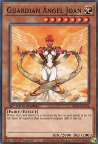 A Yu-Gi-Oh! trading card featuring "Guardian Angel Joan [SBCB-EN134] Common," an Effect Monster. The card art depicts a winged, armored angel with red hair, holding a glowing staff. With 2800 ATK and 2000 DEF, it has an effect granting life points (LP) equal to a destroyed monster's original attack in the Graveyard.