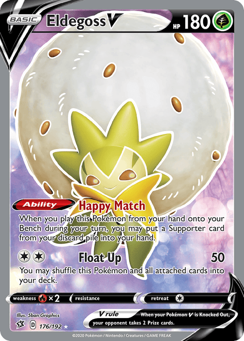 A Pokémon trading card featuring the Ultra Rare Eldegoss V (176/192) from the Sword & Shield: Rebel Clash set. Eldegoss, a Grass-type creature with a large, puffy cotton head, has 180 HP. The card includes abilities like "Happy Match" and the attack "Float Up" which does 50 damage. The bottom-left corner shows its set information and artist credit.