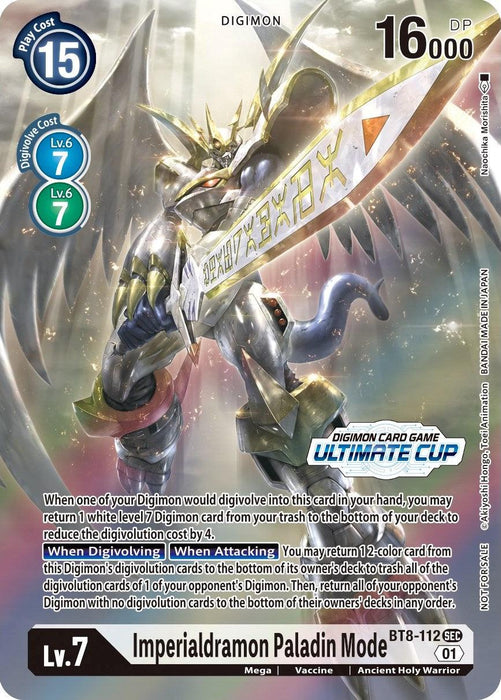 The image is of a Digimon card named "Imperialdramon Paladin Mode [BT8-112] (April Ultimate Cup 2022)" from the New Awakening Promos. The card features a powerful, armored Ancient Holy Warrior wielding a giant sword with glowing yellow runes. It has a play cost of 15, a DP of 16,000, and special abilities described in the text box.