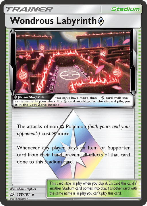 Image of a Pokémon Trainer card named "Wondrous Labyrinth (158/181) (Prism Star) [Sun & Moon: Team Up]" from the Pokémon series. The Holo Rare card features a maze with pink-tinted walls, glowing red and white lights, and a swirling portal at the center. The card includes game text describing its effects on Pokémon attacks and player actions, and numerous icons and logos.