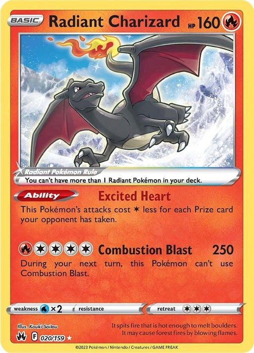 A Pokémon card from the Crown Zenith set features Radiant Charizard (020/159) [Sword & Shield: Crown Zenith]. The red-themed card showcases Charizard as a flying dragon with flames on its tail and 160 HP. It lists "Excited Heart" and "Combustion Blast" abilities, along with weakness, resistance, and retreat cost icons at the bottom.