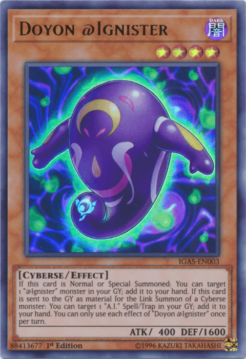 Image of a Yu-Gi-Oh! card titled "Doyon @Ignister [IGAS-EN003] Ultra Rare." The card features an abstract, AI-style Cyberse monster with a futuristic design, boasting dominant purple colors and neon accents. Below the image are details about its type as an Effect Monster, ATK/DEF values (400/1600), and the card number from Ignition Assault (IGAS-EN).