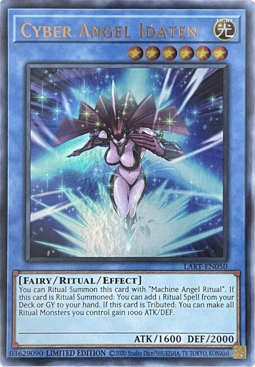 A Yu-Gi-Oh! trading card depicting "Cyber Angel Idaten [LART-EN050] Ultra Rare," a Ritual Monster. The female humanoid features angelic traits with blue and purple armor, large ribbon-like wings, and an aura of light. As an Ultra Rare Fairy/Ritual/Effect type, it boasts ATK/1600 and DEF/2000.