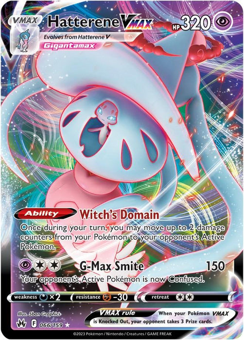 Pokémon trading card featuring Hatterene VMAX (066/159) [Sword & Shield: Crown Zenith] with 320 HP. This Ultra Rare card from the Sword & Shield series boasts vibrant, mystical artwork of Hatterene using magical powers. It includes the ability "Witch's Domain" and the move "G-Max Smite." Card number 066/159 from Crown Zenith set.