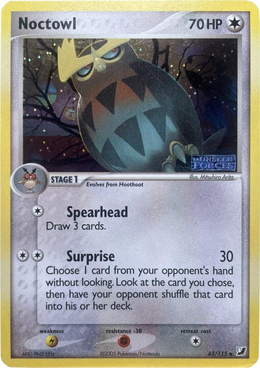 A Pokémon trading card depicting Noctowl with 70 HP. Noctowl is illustrated with a piercing gaze and spread wings in a dark forest. The card, Noctowl (43/115) (Stamped) [EX: Unseen Forces] from the Pokémon series, features Colorless moves like "Spearhead" (draw 3 cards) and "Surprise" (30 damage with an additional effect).