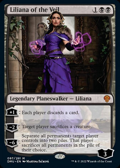 A Magic: The Gathering card titled "Liliana of the Veil [Dominaria United]" with a casting cost of 1 generic mana, 1 black, and 1 black. This mythic card features the legendary planeswalker Liliana, illustrated by Martina Fackova, in purple robes. One of her abilities makes each player discard a card.