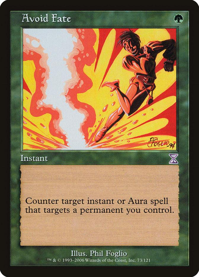 The image is of a Magic: The Gathering card named "Avoid Fate [Time Spiral Timeshifted]," part of the Time Spiral Timeshifted set. The border is green, indicating its color identity. The artwork depicts a figure narrowly dodging a magical explosion. The card text reads, "Counter target instant or Aura spell that targets a permanent you control.