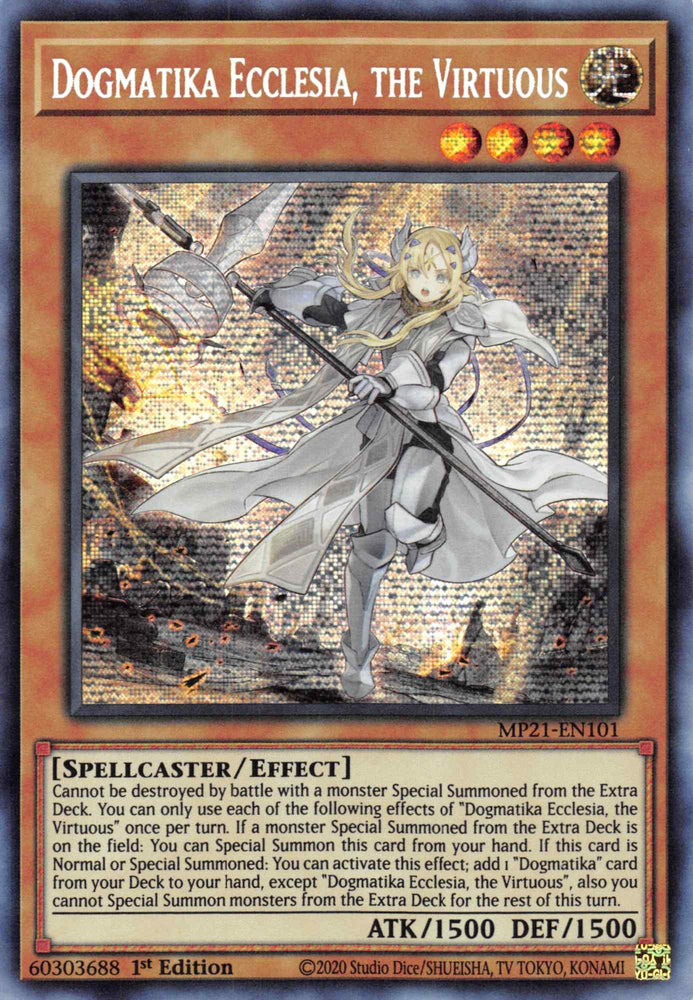 A Yu-Gi-Oh! trading card titled Dogmatika Ecclesia, the Virtuous [MP21-EN101] Prismatic Secret Rare. This Prismatic Secret Rare Effect Monster features a robed female warrior holding a sword, surrounded by light. It boasts 1500 ATK and 1500 DEF, with abilities related to Special Summoning from the Extra Deck. The card number is MP21-EN101.