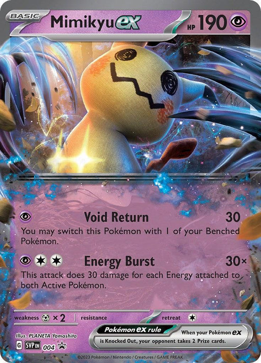 Image of a Pokémon trading card featuring Mimikyu ex (004) [Scarlet & Violet: Black Star Promos] from Pokémon. The card has holofoil elements with a purple and black color scheme. Mimikyu ex, a Psychic type with 190 HP, has two attacks: "Void Return" and "Energy Burst." Illustrated by PLANETA Yamashita, it's numbered 004/SV-P.