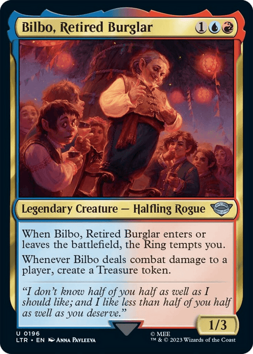 Magic: The Gathering card titled "Bilbo, Retired Burglar [The Lord of the Rings: Tales of Middle-Earth]" depicts Bilbo Baggins in a lively setting with other figures from *The Lord of the Rings*. This Legendary Creature - Halfling Rogue costs 1 red, 1 blue, and 1 generic mana. With 1 power and 3 toughness, it features abilities and a quote. Artwork by Anna Pavlee