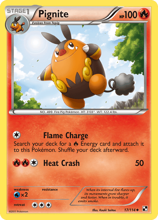 A Pokémon card featuring Pignite, a bipedal orange and yellow pig-like creature with a fire blazing under its ears. The card belongs to the Stage 1 Fire type from the Black & White: Base Set with 100 HP. It has two abilities: Flame Charge and Heat Crash. The uncommon card showcases Pignite mid-jump in detailed stats and illustration. This is the Pignite (17/114) [Black & White: Base Set] from Pokémon.