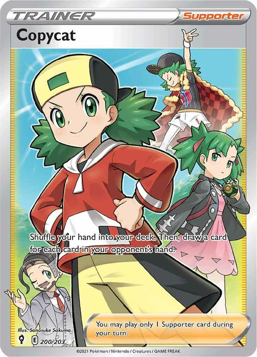 A Pokémon trainer card titled "Copycat (200/203) [Sword & Shield: Evolving Skies]" from Pokémon features an Ultra Rare illustration of a character with green hair, a red jacket, yellow skirt, and white hat. In the background, the same character mimics other trainers' poses. The card text reads: "Shuffle your hand into your deck. Then, draw a card for each card in your opponent's hand.