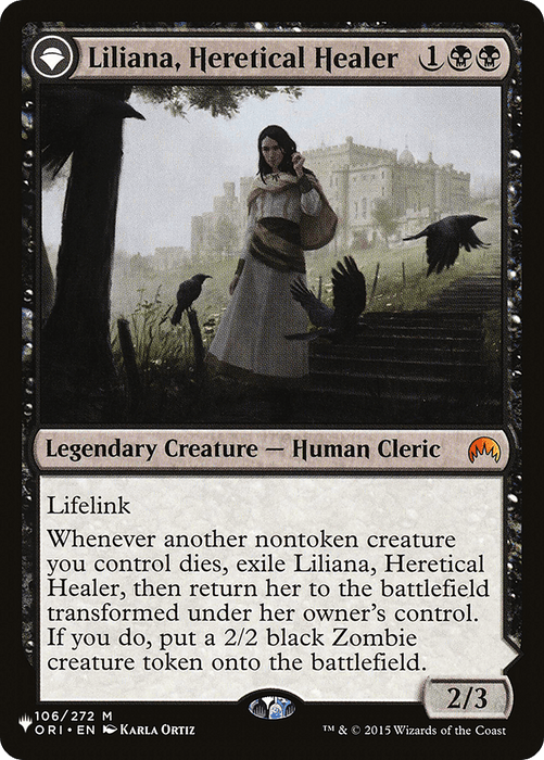 A Magic: The Gathering card titled "Liliana, Heretical Healer // Liliana, Defiant Necromancer," from the Secret Lair: From Cute to Brute series. The card features art of a robed woman among crows in a graveyard with a castle in the background. It has a black border and text box with lifelink and transformation abilities. It is a Legendary Creature, Human Cleric, with 2/3.