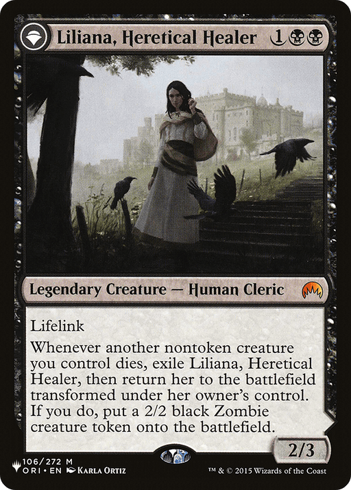 A Magic: The Gathering card titled "Liliana, Heretical Healer // Liliana, Defiant Necromancer," from the Secret Lair: From Cute to Brute series. The card features art of a robed woman among crows in a graveyard with a castle in the background. It has a black border and text box with lifelink and transformation abilities. It is a Legendary Creature, Human Cleric, with 2/3.