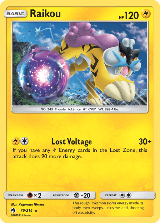 An image of a Pokémon trading card featuring Raikou (79/214) [Sun & Moon: Lost Thunder] from the Pokémon series. This rare, Basic, Electric-type Pokémon boasts 120 HP. The card highlights Raikou's "Lost Voltage" attack, doing 30+ damage. Raikou strikes a dynamic pose, emitting lightning against a yellow background filled with various stats and details.