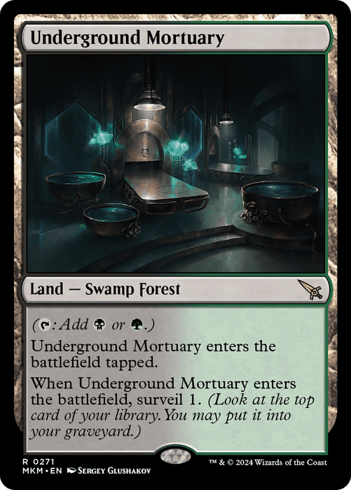 A Magic: The Gathering card titled "Underground Mortuary [Murders at Karlov Manor]." This rare Land - Swamp Forest card, illustrated by Sergey Glushakov, features a dimly lit, eerie room with greenish lighting, burial platforms, stone structures, and glowing orbs. Text describes mana abilities and the Surveil 1 effect.