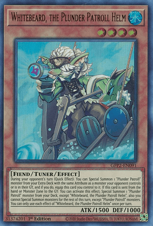 A "Yu-Gi-Oh!" trading card featuring "Whitebeard, the Plunder Patroll Helm [GFP2-EN091] Ultra Rare" from Ghosts From the Past: The 2nd Haunting. This Ultra Rare card shows an armored pirate wielding a sword, riding a sea creature with a cannon on its back, emerging from water. Card text details the monster's fiend/tuner/effect attributes.