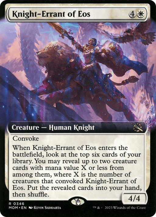 Knight-Errant of Eos (Extended Art) [March of the Machine] is a captivating Magic: The Gathering card showcasing a knight riding a giant bird, brandishing a glowing sword. This 4/4 card includes the Convoke ability and details its powerful effect when it enters the battlefield.