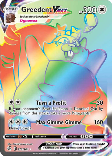 The image displays the Secret Rare "Greedent VMAX" trading card (272/264) from the Pokémon Sword & Shield: Fusion Strike series, portraying a large, squirrel-like creature in a playful pose with dynamic, vivid colors. The card features 320 HP and its attack moves "Turn a Profit" and "Max Gimme Gimme.