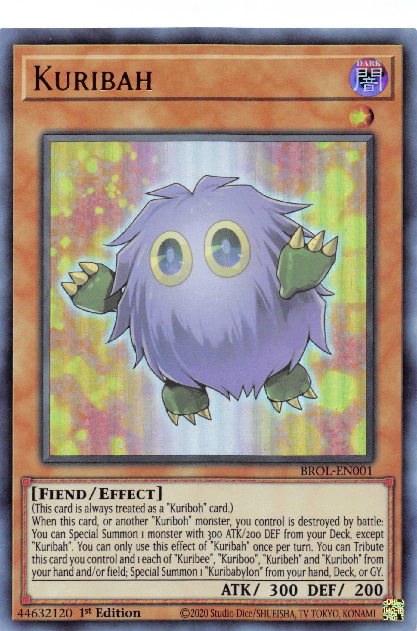 Kuribah [BROL-EN001] from Yu-Gi-Oh!, an Ultra Rare Effect Monster, showcases a small, fluffy creature with round yellow eyes, green claws, and dark pupils. The card prominently displays its name and attributes above the image while its effect text and stats (ATK 300, DEF 200) are shown below against a faint reddish-brown background.