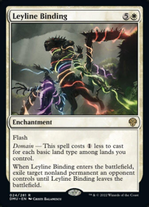 The image displays a Magic: The Gathering product named "Leyline Binding [Dominaria United]." It is an enchantment card with a casting cost of 5 colorless and 1 white mana. The artwork depicts a creature being bound by glowing, multicolored magical energy. The card text describes its Flash and Domain abilities.