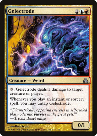 The Magic: The Gathering card "Gelectrode [Guildpact]" showcases a colorful and abstract creature infused with electrical and fiery elements. Set against a dark backdrop illuminated by electric sparks, the card is framed in blue, red, and yellow hues. It describes how this Izzet mage interacts whenever you cast instant or sorcery spells and features a flavor quote at the bottom.