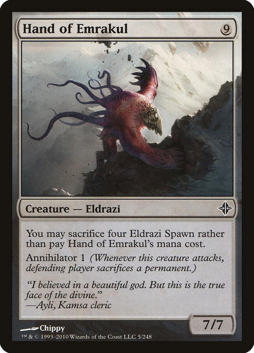 A "Hand of Emrakul [Rise of the Eldrazi]" Magic: The Gathering card is depicted. This colorless Eldrazi creature, with a casting cost of 9, has power/toughness of 7/7 and features artwork of a monstrous tentacled creature. The card text includes the Annihilator ability and flavor text in quotation marks.