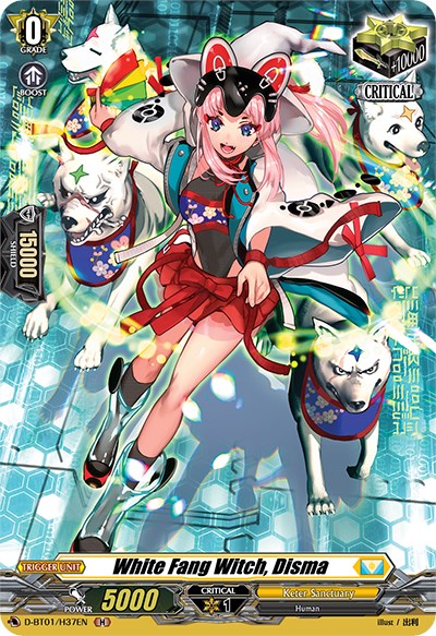 A vibrant holo card image featuring the White Fang Witch, Disma (D-BT01/H37EN) from the game Cardfight!! Vanguard - Genesis of the Five Greats by Bushiroad. Disma, a young, pink-haired witch in elaborate attire, stands confidently with white wolves around her. The card details include "Grade 0," "Power 5000," and "Critical 1." Bright and dynamic artwork.