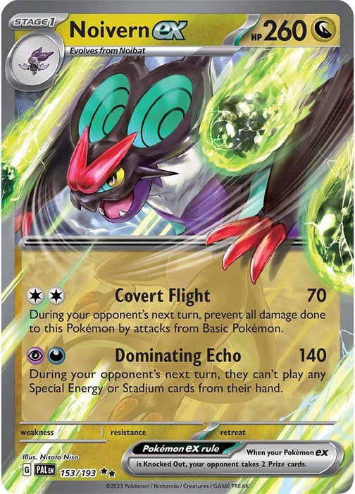 A Pokémon trading card featuring Noivern ex (153/193) [Scarlet & Violet: Paldea Evolved] from the Pokémon series. The gold-bordered card showcases an illustrated Noivern with large green and black wings, a red face, and yellow eyes. This Dragon type boasts moves like "Covert Flight" (70 damage) and "Dominating Echo" (140 damage), with 260 HP.