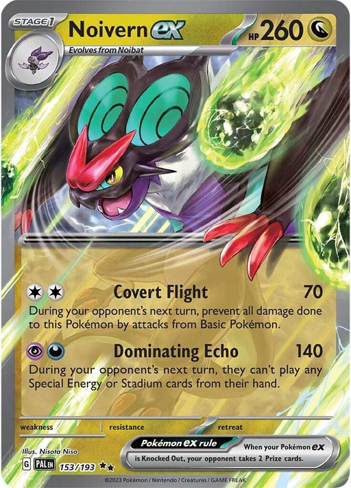 A Pokémon trading card featuring Noivern ex (153/193) [Scarlet & Violet: Paldea Evolved] from the Pokémon series. The gold-bordered card showcases an illustrated Noivern with large green and black wings, a red face, and yellow eyes. This Dragon type boasts moves like "Covert Flight" (70 damage) and "Dominating Echo" (140 damage), with 260 HP.