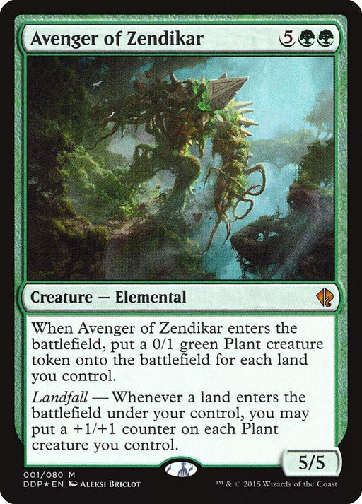 The mythic Magic: The Gathering card, Avenger of Zendikar [Duel Decks: Zendikar vs. Eldrazi], features a green-themed border and depicts a massive plant-like elemental creature. Costing 5 and 2 green mana to cast, this 5/5 powerhouse generates 0/1 Plant tokens and boosts them when lands enter the battlefield. A true gem for Duel Decks.