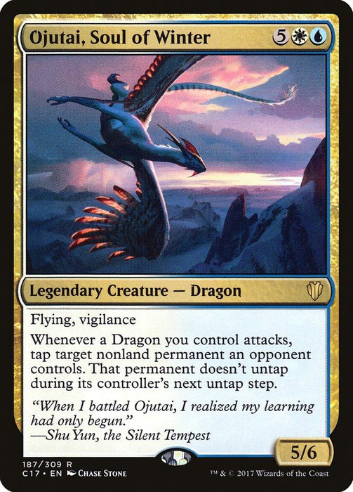 A Magic: The Gathering card featuring Ojutai, Soul of Winter [Commander 2017], a Legendary Creature – Dragon from the Commander 2017 set. The card costs 5 colorless, 1 white, and 1 blue mana. It has flying and vigilance abilities. It is a 5/6 creature with artwork depicting a dragon soaring over a mountain at sunset.