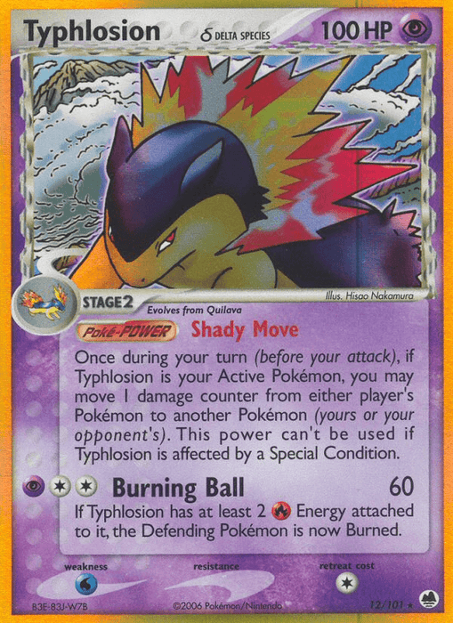 A Pokémon Typhlosion (12/101) (Delta Species) [EX: Dragon Frontiers] trading card from the Dragon Frontiers set featuring Typhlosion. It has 100 HP, is a Stage 2 Fire-type, and evolves from Quilava. The card illustrates Typhlosion roaring with flames in the background. It has two attacks: "Shady Move," a Poké-POWER, and "Burning Ball," which deals 60 damage.