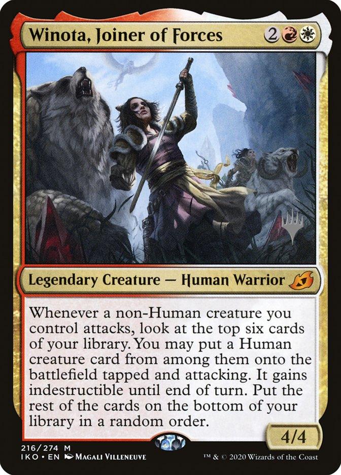 The "Winota, Joiner of Forces (Promo Pack) [Ikoria: Lair of Behemoths Promos]" card from Magic: The Gathering showcases a Human Warrior wielding a spear, flanked by two large wolves. This 4/4 legendary creature card details Winota's abilities, which allow searching the library for a Human creature card when a non-Human creature attacks.