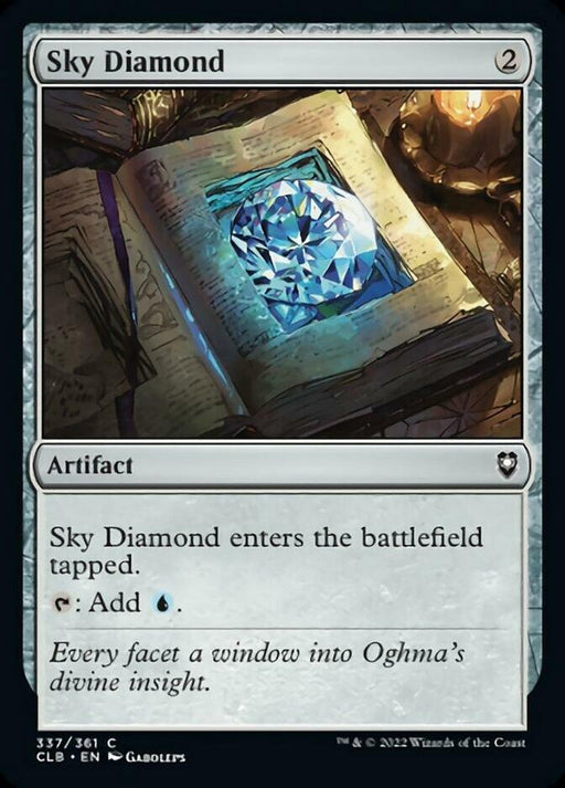 The image is a Magic: The Gathering product named Sky Diamond [Commander Legends: Battle for Baldur's Gate]. The art depicts a luminous, blue, diamond-shaped gem resting on an open book with intricate designs. A candle glows warmly beside it. This card costs 2 mana and allows tapping for one blue mana.