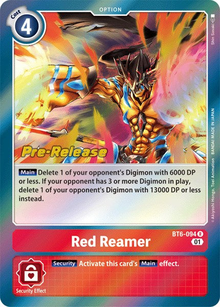 The Red Reamer [BT6-094] trading card from the Digimon Double Diamond Pre-Release collection features a formidable armored humanoid exuding fiery energy. It is a Rare rarity card with a cost of 4, detailing its main and security effects, and bears a 