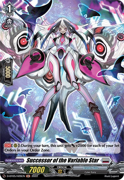 A card from the "Cardfight!! Vanguard" series titled "Successor of the Variable Star (D-BT05/H26EN) [Triumphant Return of the Brave Heroes]" by Bushiroad. The card features a futuristic, robotic female figure resembling a Cyber Fairy, with gray hair, pink and white armor, and glowing accents. It has a power value of 7000 and belongs to the Brandt Gate nation.