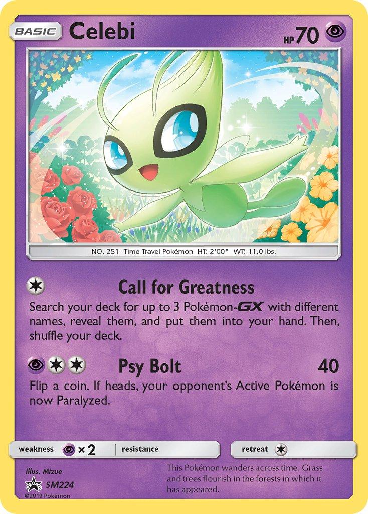 A Pokémon Celebi (SM224) [Sun & Moon: Black Star Promos] from Pokémon. The card shows Celebi, a green, fairy-like Psychic Pokémon with large blue eyes, floating over a leafy background filled with colorful sparkles. The Black Star Promo card, labeled 