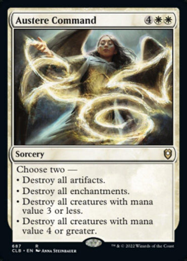 Austere Command [Commander Legends: Battle for Baldur's Gate], a Rare Sorcery from Magic: The Gathering, showcases an angelic figure enveloped in golden light and spirals. Choose two: destroy artifacts, enchantments, creatures with mana value 3 or less, or creatures with mana value 4 or greater. Cost is 4 generic and 2 white mana.